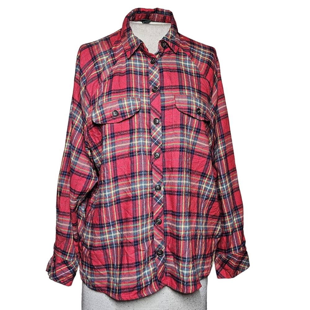 Red Plaid Button Up Flannel Top with Pockets Size XS